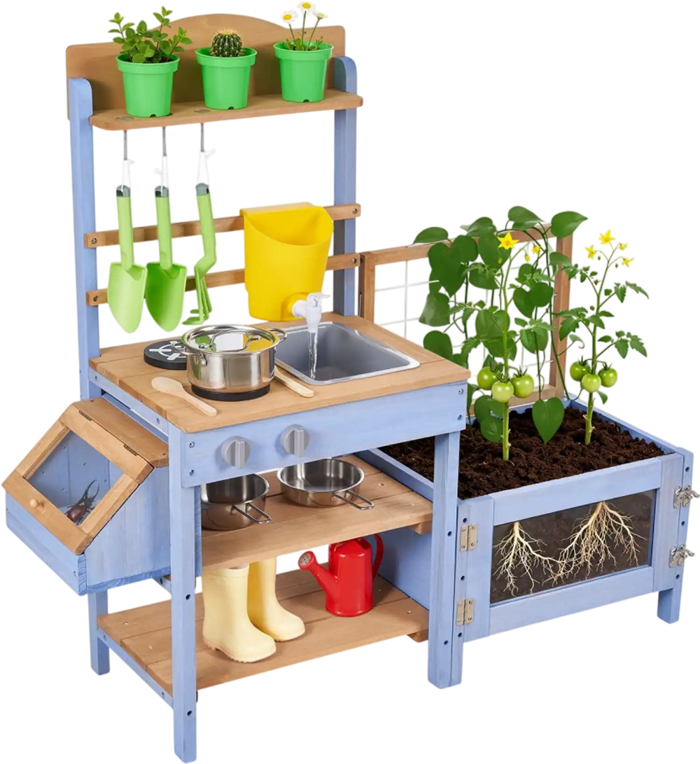 VEVOR Mud Kitchen, Outdoor Mud Kitchen for Kids, Wood Outdoor Play Kitchens with Planting Box, Critter Catcher Container, Tank, Sink, Cookware Pots and Accessories, Wooden Play Kitchens for Lawn, Yard