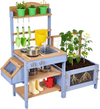 VEVOR Mud Kitchen, Outdoor Mud Kitchen for Kids, Wood Outdoor Play Kitchens with Planting Box, Critter Catcher Container, Tank, Sink, Cookware Pots and Accessories, Wooden Play Kitchens for Lawn, Yard