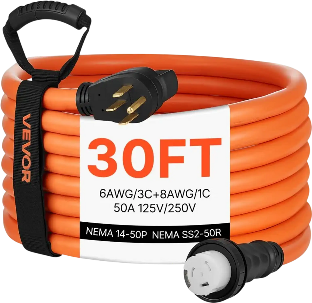 VEVOR 50 Amp Generator Cord, 30 Feet, 125/250V RV Power Cord NEMA 14-50P to SS2-50R with Twist Lock, Grip Handle, Heavy Duty 6AWG/3 + 8AWG/1 Generator Cable, for RV Camper Generator to House, Orange