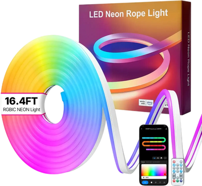 VEVOR LED Neon Rope Light, 16.4 ft, Flexible RGB-IC LED Strip Light, Control with App/Remote, Works with Alexa & Google Assistant, Music Syncing, Custom DIY Neon Flex Lights, for Bedroom Gaming Indoor