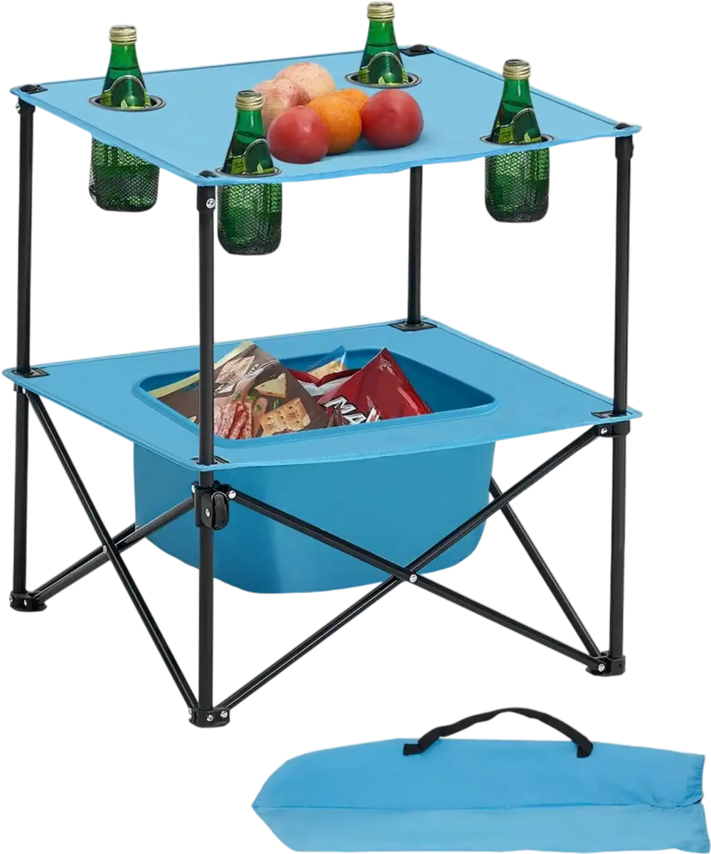 VEVOR Folding Camping Table, Portable Outdoor Lightweight Picnic Table, 600D Oxford Fabric Waterproof Canvas Travel Beach Tables, with 4 Cup Holders, Carry Bag, for Tailgating Camping Picnic, Blue