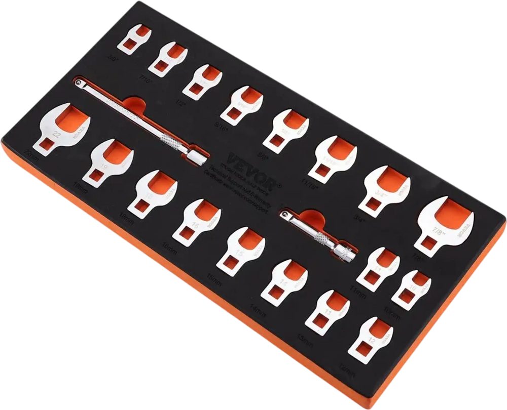 VEVOR Crowfoot Wrench Set, 3/8" Drive 20-Piece Crows Foot Wrench Set with 2 Extension Bars and EVA Tool Organizer,40CR Material with Mirror Chrome Finish, SAE 3/8"-7/8" and Metric 10-22 mm,
