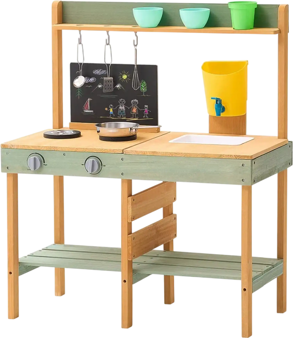 VEVOR Mud Kitchen for Kids, Wooden Toy Play Kitchen Set, Outdoor Toddler Grocery Store Playset, Pretend Play Kitchen with Planter Box, Stoves, Tank, Faucet, Blackboard, Cookware Pots and Accessories