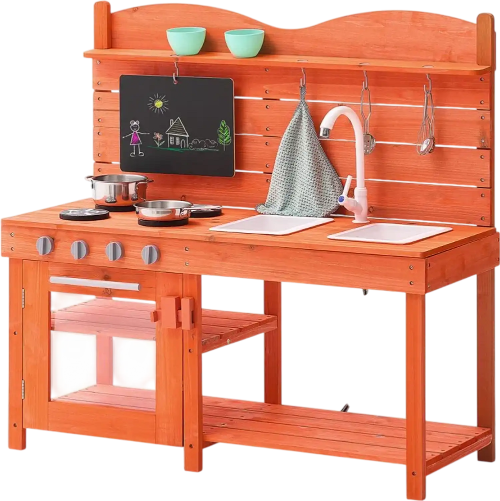VEVOR Mud Kitchen for Kids, Wooden Toy Play Kitchen Set, Outdoor Toddler Grocery Store Playset for Boys & Girls, Pretend Play Kitchen with Stoves, Sink, Faucet, Blackboard, Cookware Pots, Accessories