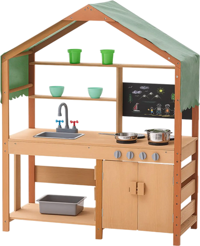 VEVOR Mud Kitchen for Kids, Wooden Toy Play Kitchen Set with Accessories, Outdoor Toddler Grocery Store Playset, Pretend Play Kitchen with Stoves, Planter Boxes, Sink, Faucet, Blackboard, Cookware Pot