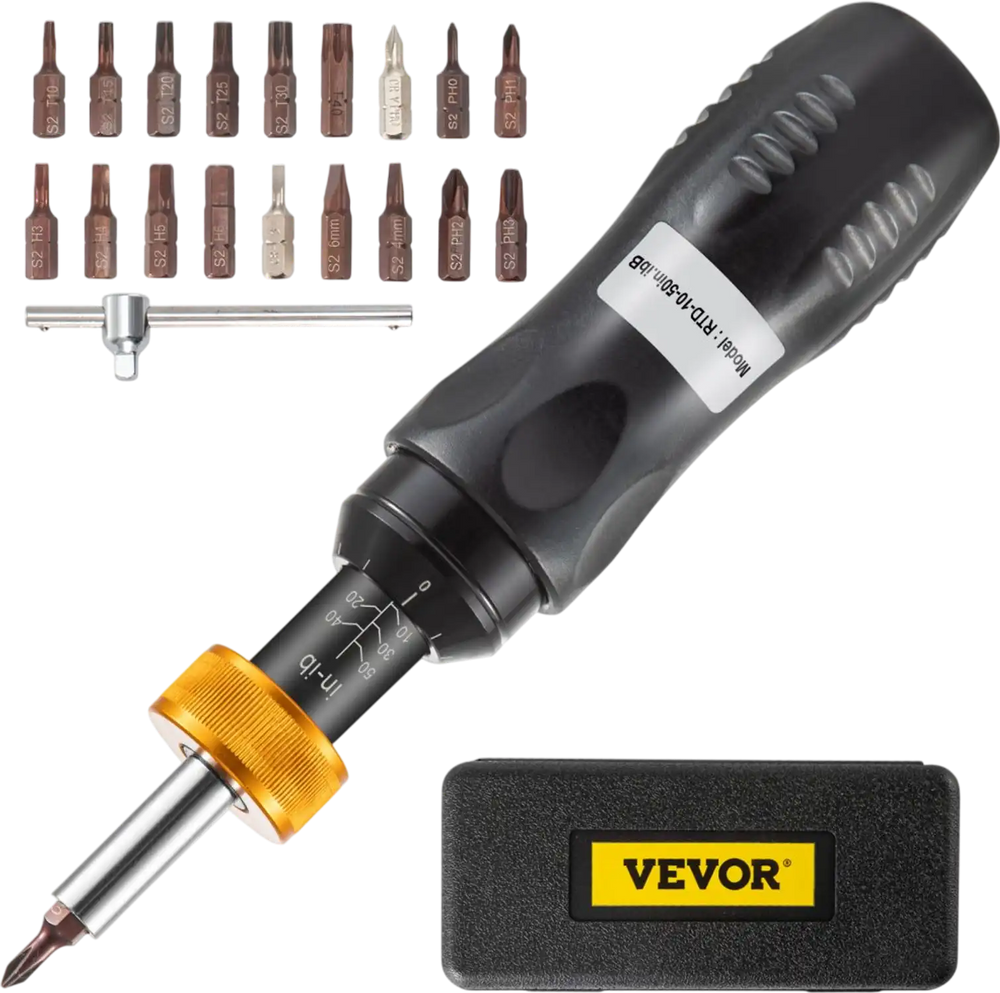 VEVOR 1/4" Drive Torque Screwdriver Wrench Set, 10-50 in-lbs Torque Adjustment Range, Torque Range Accurate to ±5%, 5 in-lb Increment Torque Screwdriver with 18 Bits & Case