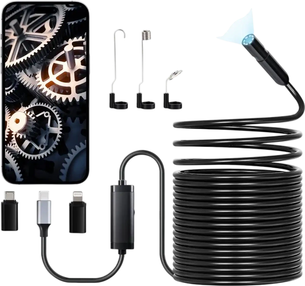 VEVOR Endoscope Camera with 49.2FT Semi-Rigid Cable, 1920P HD Borescope for Android & IOS, Industrial Inspection Camera with Light - 8 LED, 2X Zoom, IP67 Waterproof Snake Camera for Auto, Plumbing