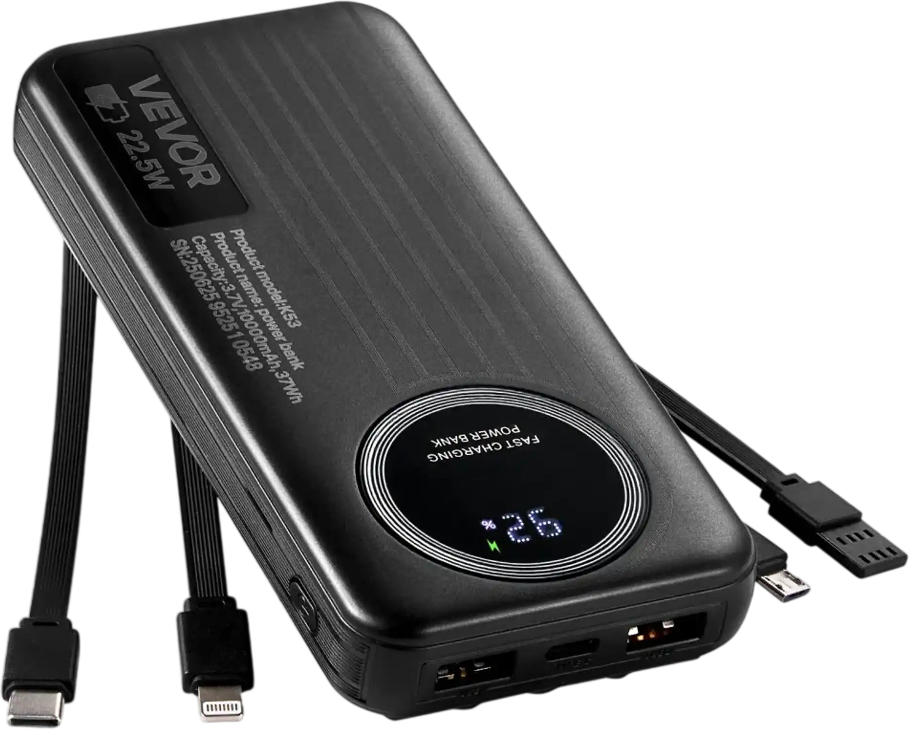 Vevor Portable Charger 10000 mAh Travel Battery Pack with Built-in Cables 6 Outputs 3 Inputs New