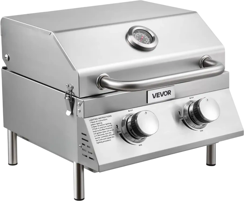 VEVOR Tabletop Gas Grill, 2-Burner Stainless Steel Portable Propane Grill, with Built-in Thermometer, Travel Locks, Weatherproof Lid, 15,000 BTU Total, for Outdoor Cooking, Patio, Party, Camping, RV