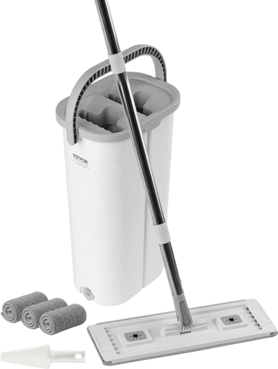 VEVOR Mop and Bucket with Wringer Set, Wet & Dry Use, Flat Mop and Bucket System with 3 Washable Microfiber Pads, Flat Mop with Stainless Steel Handle, Mop Bucket Set for Hardwood Tile Vinyl