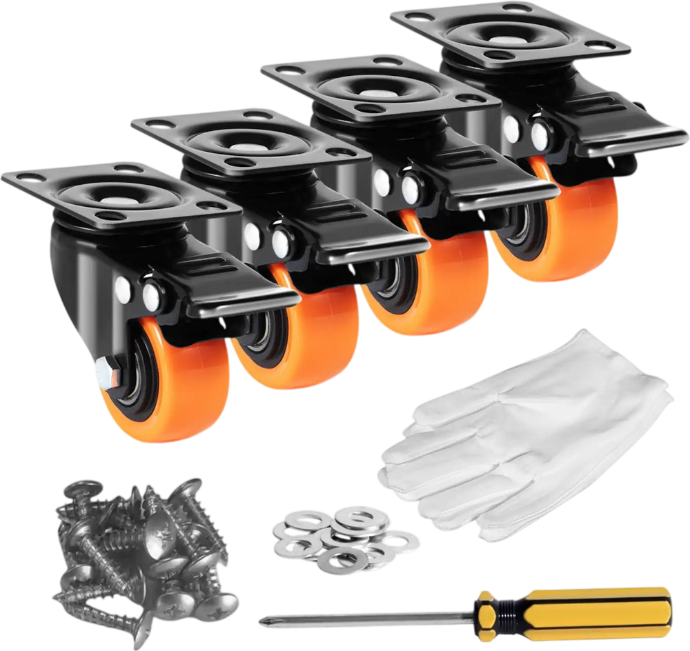 VEVOR Caster Wheels, 2-inch Swivel Plate Casters, Set of 4, with Security Dual Locking No Noise PVC Wheels, Heavy Duty 150 lbs Load Capacity Per Caster, Non-Marking Wheels for Cart Furniture Workbench