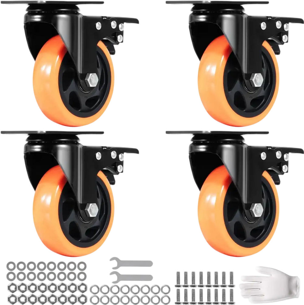 VEVOR Caster Wheels, 4-inch Swivel Plate Casters, Set of 4, with Security A/B Locking No Noise PVC Wheels, Heavy Duty 350 lbs Load Capacity Per Caster, Non-Marking Wheels for Cart Furniture Workbench