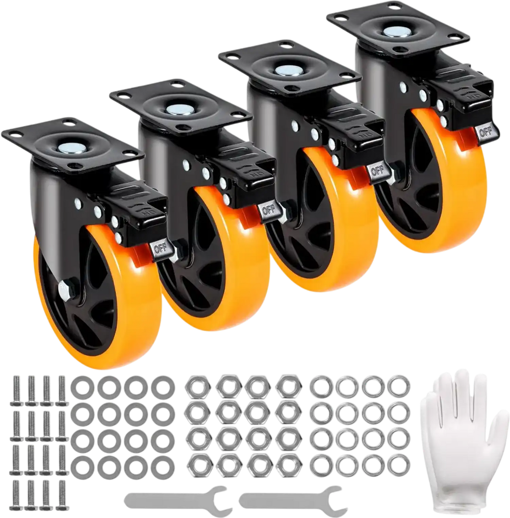 VEVOR Caster Wheels, 5-inch Swivel Plate Casters, Set of 4, with Security A/B Locking No Noise PVC Wheels, Heavy Duty 450 lbs Load Capacity Per Caster, Non-Marking Wheels for Cart Furniture Workbench