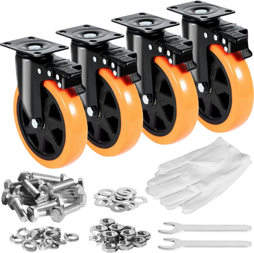 VEVOR Caster Wheels, 6-inch Swivel Plate Casters, Set of 4, with Security A/B Locking No Noise PVC Wheels, Heavy Duty 700 lbs Load Capacity Per Caster, Non-Marking Wheels for Cart Furniture Workbench
