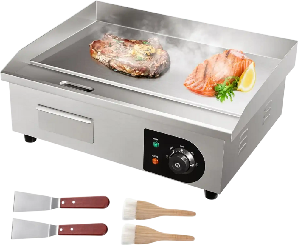 VEVOR Commercial Electric Griddle, 21", 1600W Countertop Flat Top Grill, Stainless Steel Teppanyaki Grill with Non Stick Iron Cooking Plate, 122-572℉ Adjustable Temp Control 2 Shovels & Brushes, 110V
