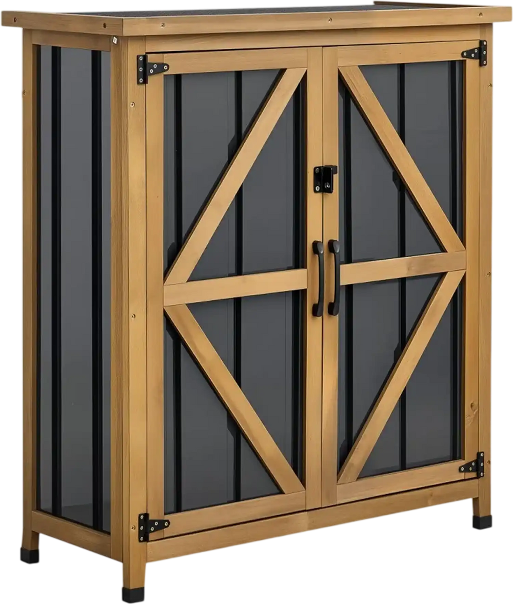 VEVOR Outdoor Storage Shed, 33.86" x 37.4" Wood & Metal Garden Tool Shed with Lockable Doors & Sloped Roof, Waterproof Outside Storage Cabinet with Shelf & Floor for Backyard Patio Lawn, Black/Brown