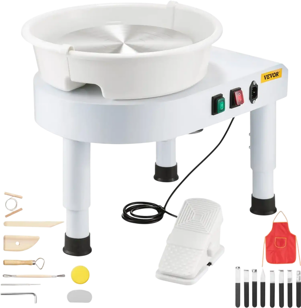 VEVOR Pottery Wheel, 11 in Ceramic Wheel Forming Machine, 60-300 RPM Speed Adjustable Foot Pedal, Adjustable Lift Leg, Detachable Basin, Complete Tool Accessory Kit for Work Art Craft DIY, White