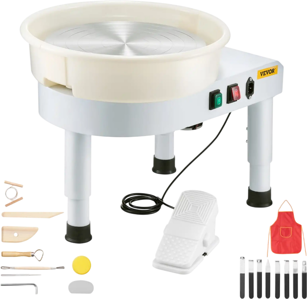 VEVOR Pottery Wheel, 14 in Ceramic Wheel Forming Machine, 60-300 RPM Speed Adjustable Foot Pedal, Adjustable Lift Leg, Detachable Basin, Complete Tool Accessory Kit for Work Art Craft DIY, White
