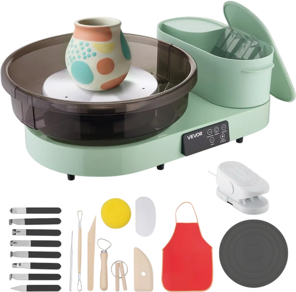 VEVOR Pottery Wheel for Adults, 14" and 11" Turntables, 450W Electric Table Top Pottery Wheel with Foot Pedal, 30-300 RPM Adjustable Speed, Aluminum Body, for Beginners, DIY Clay Art Craft, Green