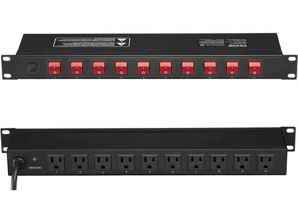 VEVOR 1U PDU, 10 Outlets, Rack Mount Power Strip Fits Standard 19" Server Racks, with Independent Switch Surge Protection & Overload Protection, 110-125V/15A, Ideal for Home and Office