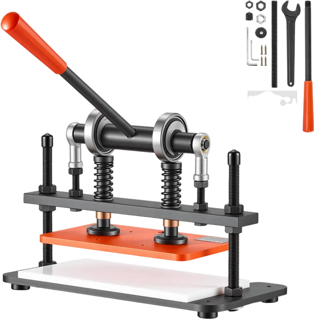 VEVOR Leather Cutting Machine 10.24 x 5.91 in Embossing Plate Die Cutter, Hand Press Leather Embossing & Die Cutting, 3300 lbs Pressure, 0.47 in Stroke, Dual Guide Shafts, for Fabric, Paper, Silicone