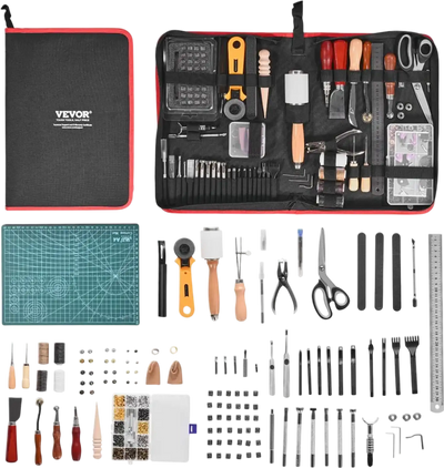VEVOR Leather Working Tools Kit, 61 PCS Leather Craft Tools with Portable Canvas Storage Bag, Engraving Punching Sewing Stamping Sanding Tools, Ideal for Beginners DIY Enthusiasts and Professionals