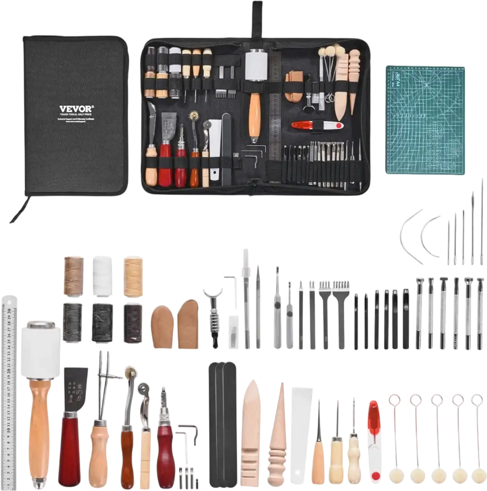 VEVOR Leather Working Tools Kit, 59 PCS Leather Craft Tools with Portable Canvas Storage Bag, Engraving Punching Sewing Stamping Sanding Tools, Ideal for Beginners DIY Enthusiasts and Professionals