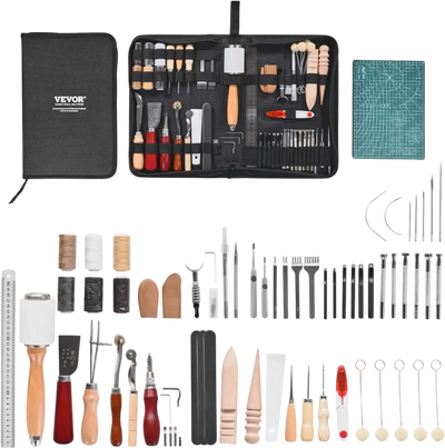 VEVOR Leather Working Tools Kit, 59 PCS Leather Craft Tools with Portable Canvas Storage Bag, Engraving Punching Sewing Stamping Sanding Tools, Ideal for Beginners DIY Enthusiasts and Professionals