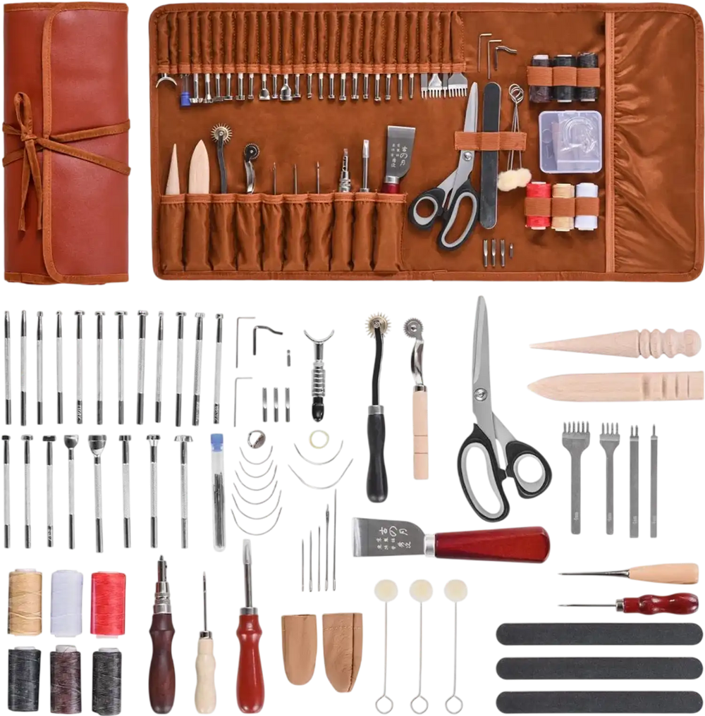 VEVOR Leather Working Tools Kit, 72 PCS Leather Craft Tools with Portable Leather Storage Bag, Engraving Punching Sewing Stamping Sanding Tools, Ideal for Beginners DIY Enthusiasts and Professionals