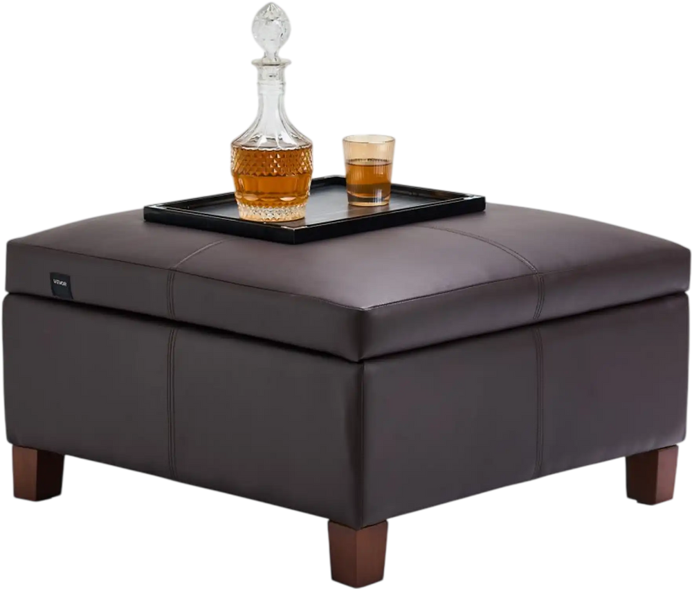 VEVOR 28 in Square Leather Ottoman with Storage, Upholstered Tufted Button Coffee Table Ottoman with Flip-Top Design, PU Leather High-Density Sponge for Living Room, Dorm, Bedroom, Dark Brown