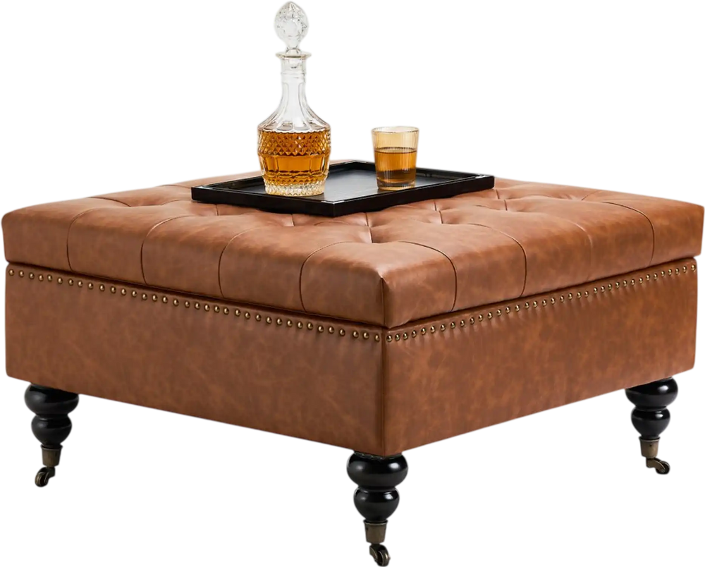 VEVOR 31 in Square Leather Ottoman with Storage, Upholstered Tufted Button Coffee Table Ottoman with Castered Rolling Wheels, PU Leather High-Density Sponge for Living Room, Dorm, Bedroom, Brown