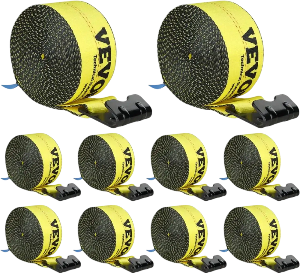 VEVOR Winch Straps, 4" x 30', 6000 lbs Load Capacity, 18000 lbs Break Strength, Truck Straps with Flat Hook, Flatbed Tie Downs Cargo Control for Trailers, Farms, Rescues, Tree Saver, Yellow (10 Pack)