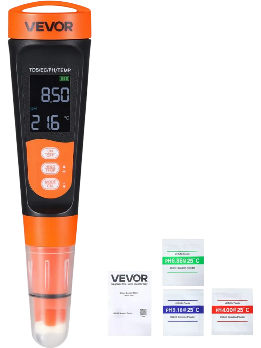 VEVOR pH Meter, Accurate pH/EC (Conductivity)/TDS (ppm) Multi-Parameter Measurement, IP68 Waterproof Probe, Pocket Tester Kit with Calibration Powder Packets, VA Display, for Water Quality Testing