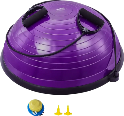 VEVOR Half Exercise Ball Trainer, 23 inch Balance Ball Trainer, 660lbs Stability Ball, Yoga Ball with Resistance Bands & Foot Pump, Strength Fitness Ball for Home Gym, Full Body Workout, Purple