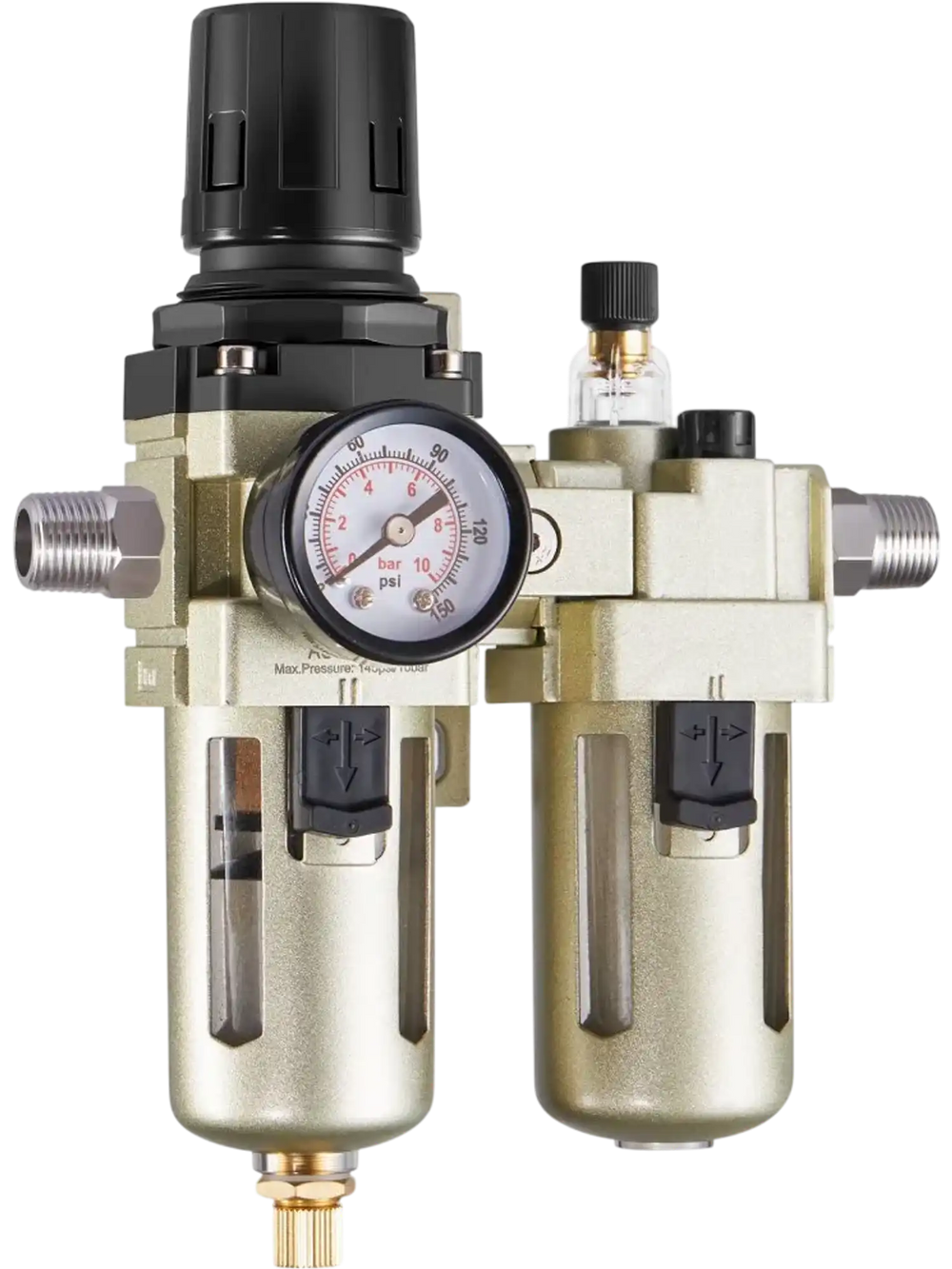 VEVOR Air Compressor Filter Regulator Lubricator (FRL), 3/8" NPT Air Compressor Water Separator, Semi-Auto Drain Air-Drying System with 5μm Brass Filter Element, 145PSI Max Working Pressure, Poly Bowl