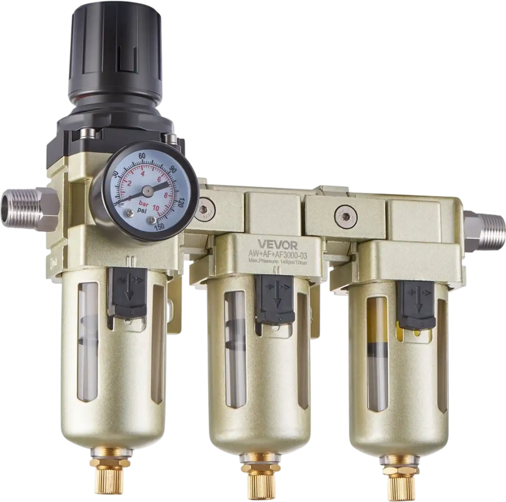 VEVOR Air Compressor Filter Regulator, 3/8" NPT 3-Stage Air Compressor Water Separator with 5μm/1μm/0.01μm Micron Filter Elements, Semi Auto Drain Air-Drying System 145PSI Max Pressure, Poly Bowl