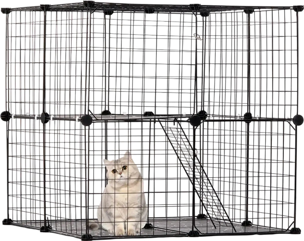 VEVOR Large 2-tier Cat Cage, 28 x 28 x 28", DIY Detachable Metal Wire Cat Enclosure, with Ramp Ladder Adjustable Resting Platform, Crate Large Indoor ＆ Outdoor Exercise Place for Small Animals, Black