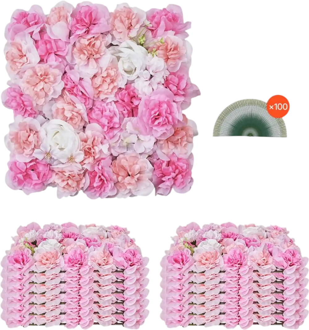 VEVOR 3D Flower Wall Panel, 12 PCS 15 x 15 inch, Artificial Floral Wall Background Mesh Backing Mat,Seamless Design&Easy Installation for Wedding Valentines Day Home Baby Party Backdrop Decor,Pink
