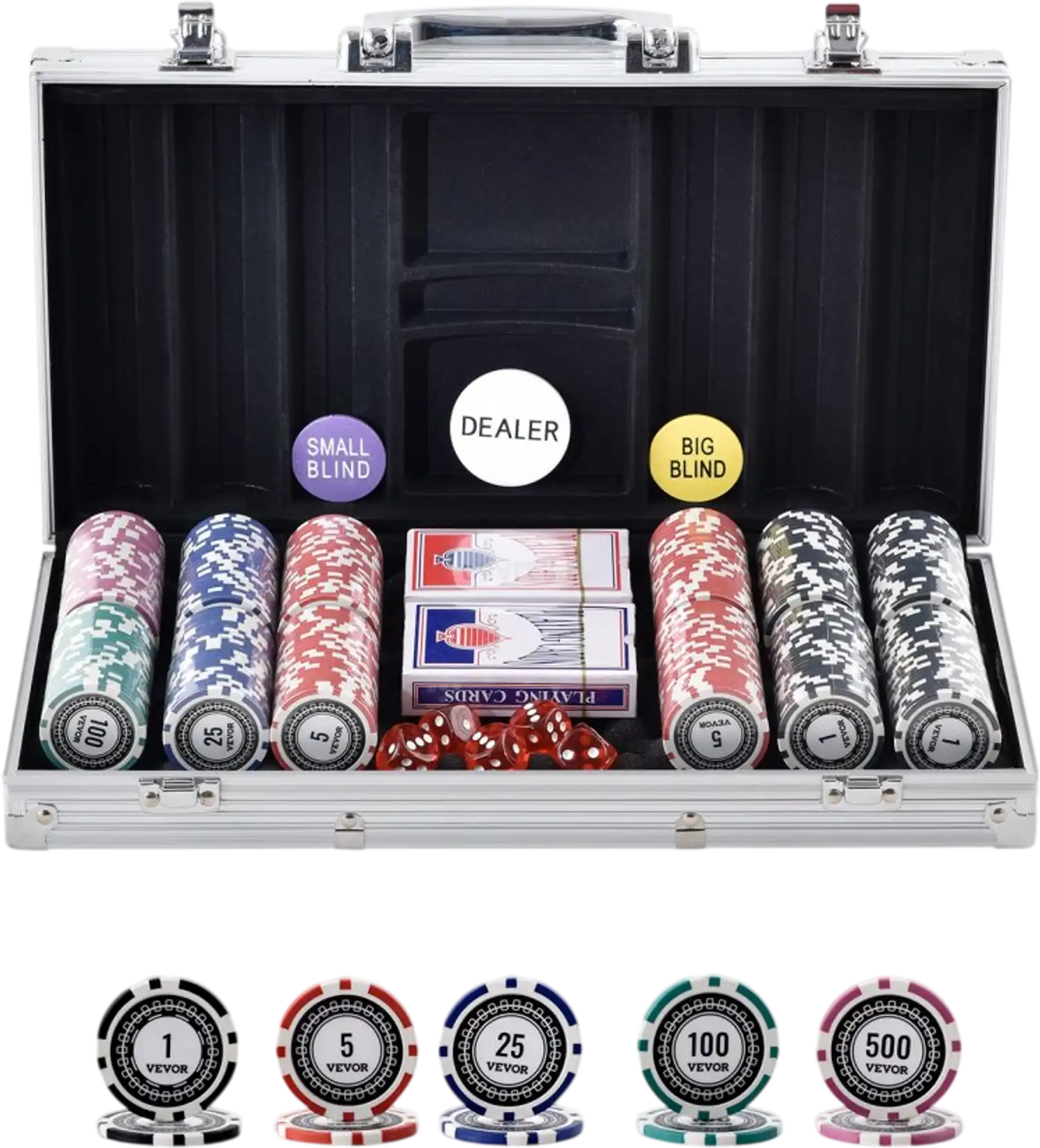 Vevor Poker Chip Set 300-Piece Complete Gaming Set with Aluminum Carrying Case New