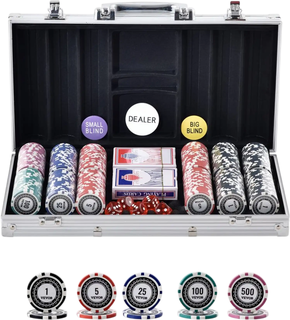 VEVOR Poker Chip Set, 300-Piece Poker Set, Complete Poker Playing Game Set with Aluminum Carrying  Case, 11.5 Gram Casino Chips, Cards, Buttons and Dices, for Texas Hold'em, Blackjack, Gambling
