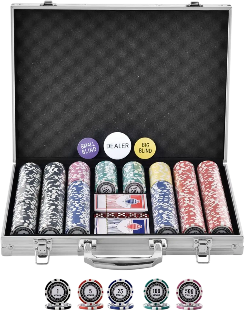 VEVOR Poker Chip Set, 500-Piece Poker Set, Complete Poker Playing Game Set with Aluminum Carrying  Case, 11.5 Gram Casino Chips, Cards, Buttons and Dices, for Texas Hold'em, Blackjack, Gambling