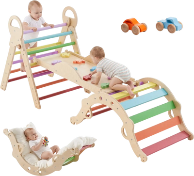 Vevor Pikler Triangle Set 9-in-1 Montessori Climbing Toys with Cushion, Arch, Ramp & 2 Wooden Cars New