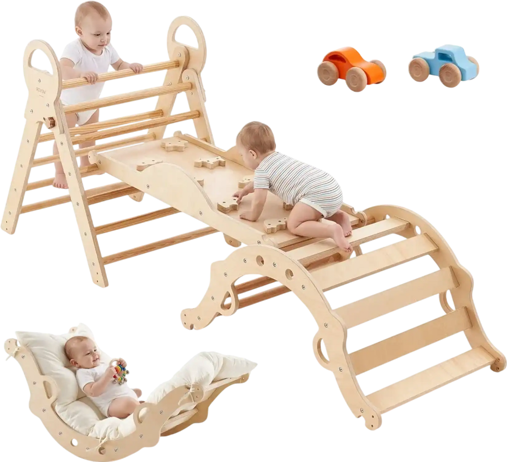 VEVOR Pikler Triangle Set, 9-in-1 Toddler Climbing Toys Indoor, with 2 Wooden Cars, Cushion, Triangle, Arch, and Ramp, 150 lbs Load, Foldable Montessori Climbing Set for Toddlers and Kids, Wood Color