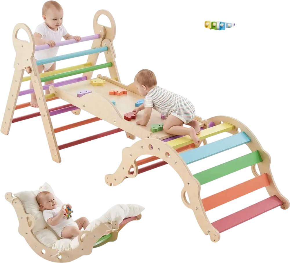 VEVOR Pikler Triangle Set, 9-in-1 Toddler Climbing Toys Indoor, with Xylophone, Cushion, Triangle, Arch, and Ramp, 150 lbs Load, Foldable Montessori Climbing Set for Toddlers and Kids, Rainbow