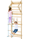 VEVOR Swedish Ladder Wall Gym, 4-in-1 8-Level Indoor Jungle Gym, 220LBS Loading Solid Wood Gymnastic Stall Bars, Indoor Playground Climbing Playset with Gym Rings, Pull-Up Bar, Rope Ladder, Wall Ladder
