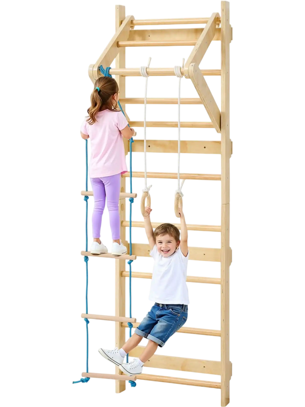 VEVOR Swedish Ladder Wall Gym, 4-in-1 8-Level Indoor Jungle Gym, 220LBS Loading Solid Wood Gymnastic Stall Bars, Indoor Playground Climbing Playset with Gym Rings, Pull-Up Bar, Rope Ladder, Wall Ladder