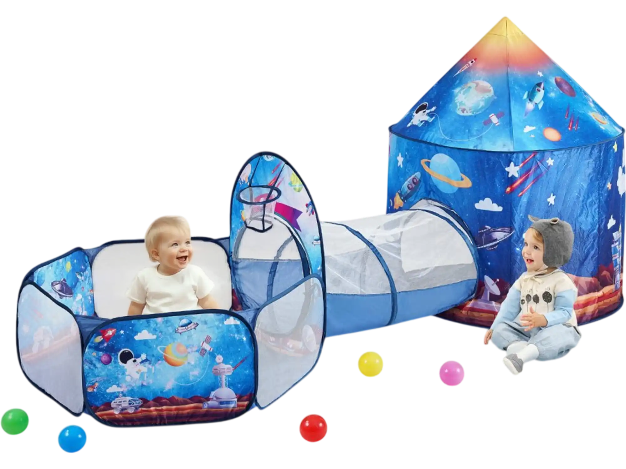 Vevor Play Tent 3-in-1 Kids Pop-Up Playhouse Tunnel Rocket Theme Royal Blue New