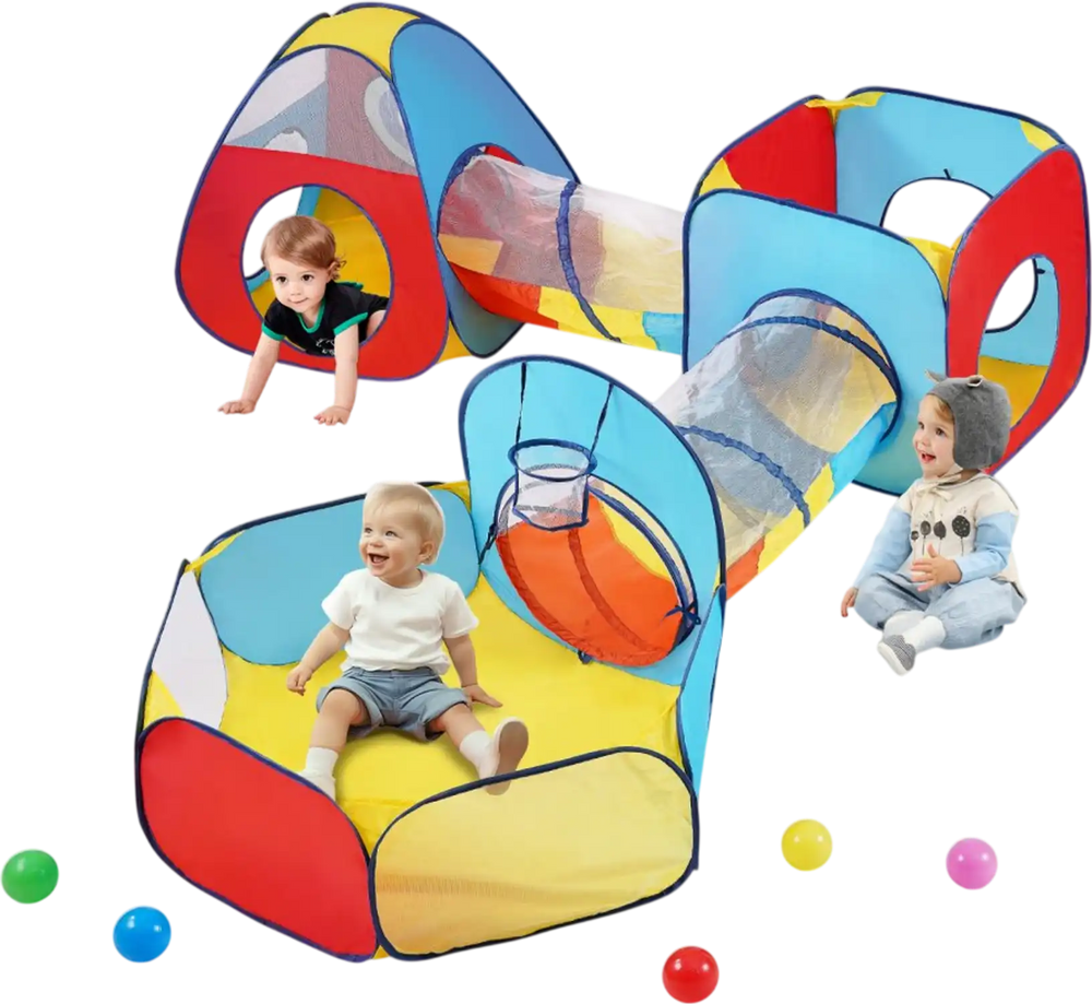 VEVOR 5 in 1 Kids Play Tent with Tunnel, Basketball Hoop for Boys, Girls, Babies and Toddlers, Indoor/Outdoor Pop Up Playhouse with Carrying Bag & Banding Straps Birthday Gifts, Red/Yellow/Blue