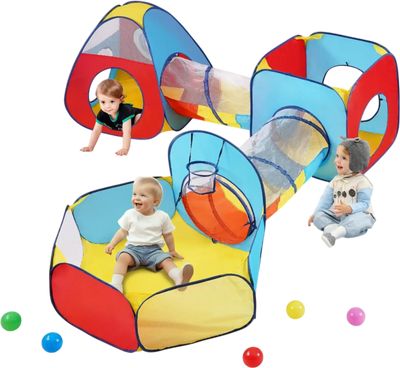 Vevor Kids Play Tent 5-in-1 Indoor Outdoor Pop Up Playhouse with Tunnel Basketball Hoop Red Yellow Blue New