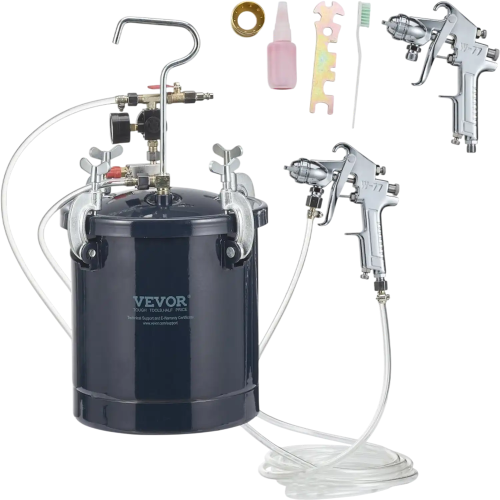 VEVOR Spray Paint Pressure Pot Tank, 10L/2.5gal Air Paint Pressure Pot, 1.5mm+4mm Two Nozzles Two Spray Paint Guns, 60PSI Max, for Industry Home Decor Architecture Construction Automotive Painting